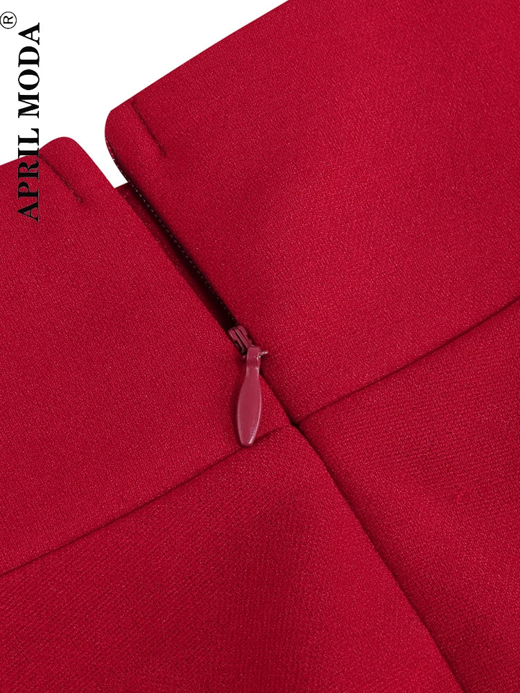 Red Women's High Waist A-Line Pockets Skirt Casual Summer Flared Midi Skirt 1950s Retro Swing Pinup Skirt Office Lady Workwear