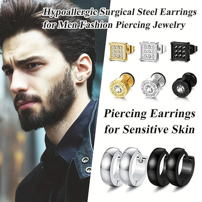 21 pairs of men's stainless steel earrings, circular CZ earrings, hypoallergenic earrings, unisex perforated earrings