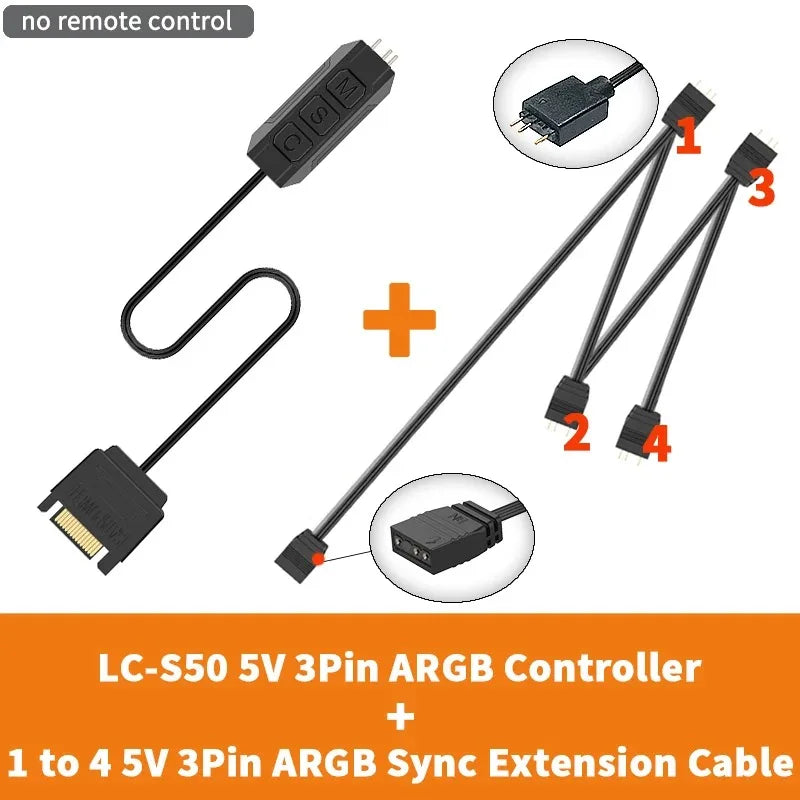 TEUCER  LC-S60 ARGB Controller Cable 5V 3PIN to SATA Interface Extension Controller with Remote Control for PC Cooling Fan