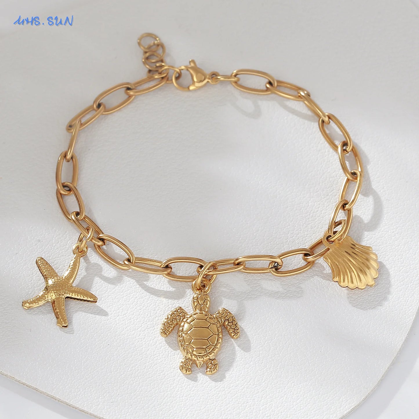 MHS.SUN Summer Starfish Conch Crab Charms Chain Bracelets Trendy Stainless Steel Ocean Style Beach Waterproof Jewelry For Women