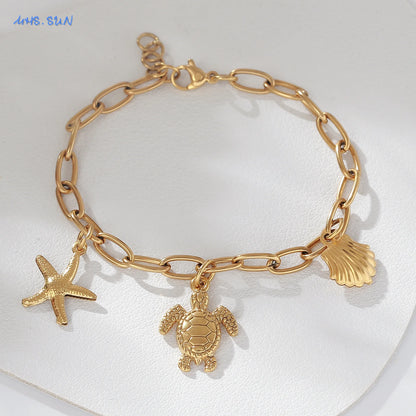 MHS.SUN Summer Starfish Conch Crab Charms Chain Bracelets Trendy Stainless Steel Ocean Style Beach Waterproof Jewelry For Women