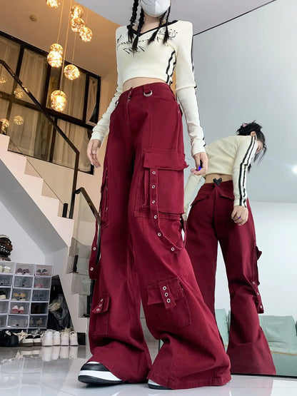 Retro Red Y2k Streetwear Cargo Jeans Women Harajuku 2000s Aesthetic Denim Trousers Fashion Casual Wide Leg Pants Pantalones