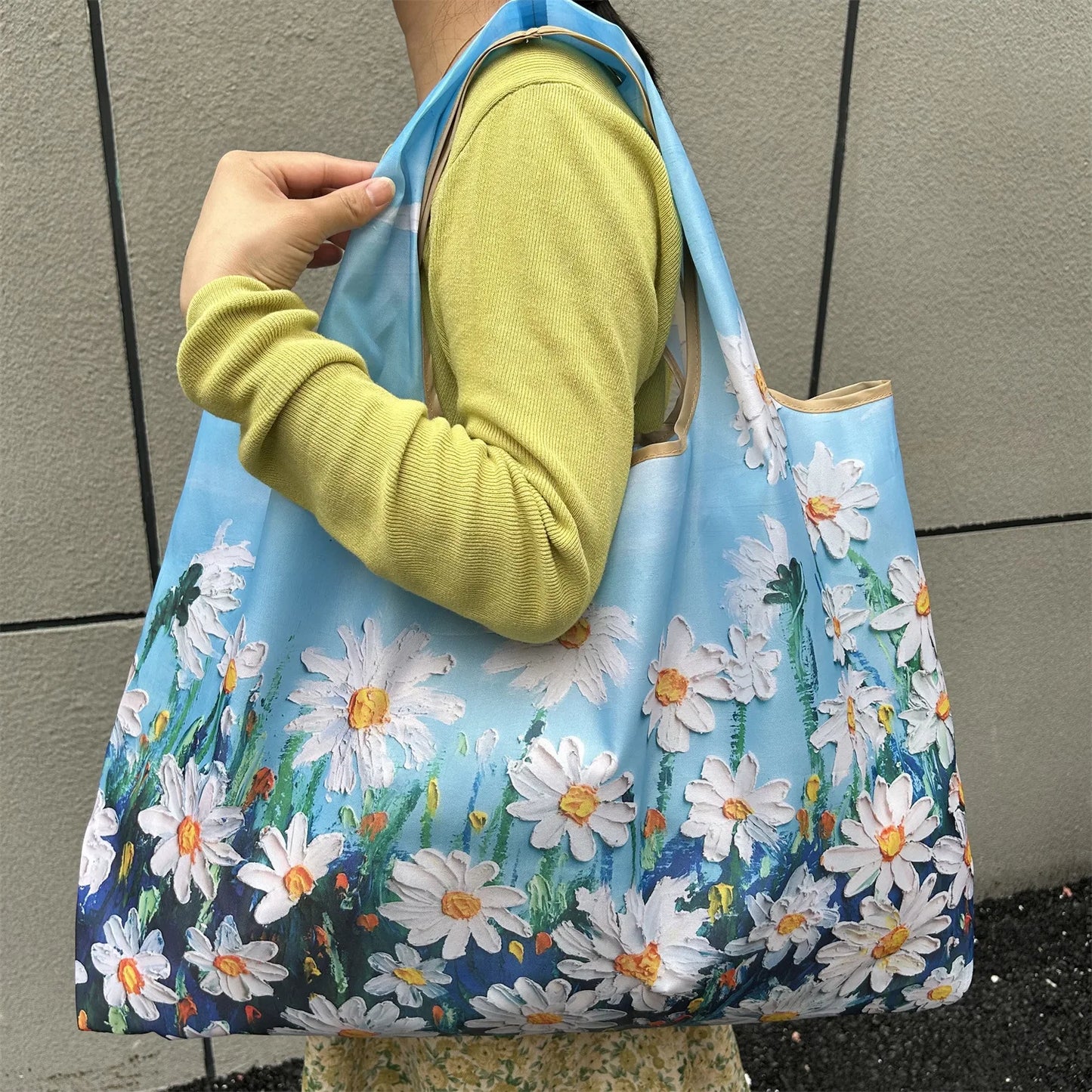 Chic Iris Flower Large Tote Bag Foldaway Convenience Nylon Shopping Bag with Shoulder Strap Lightweight Machine Washable