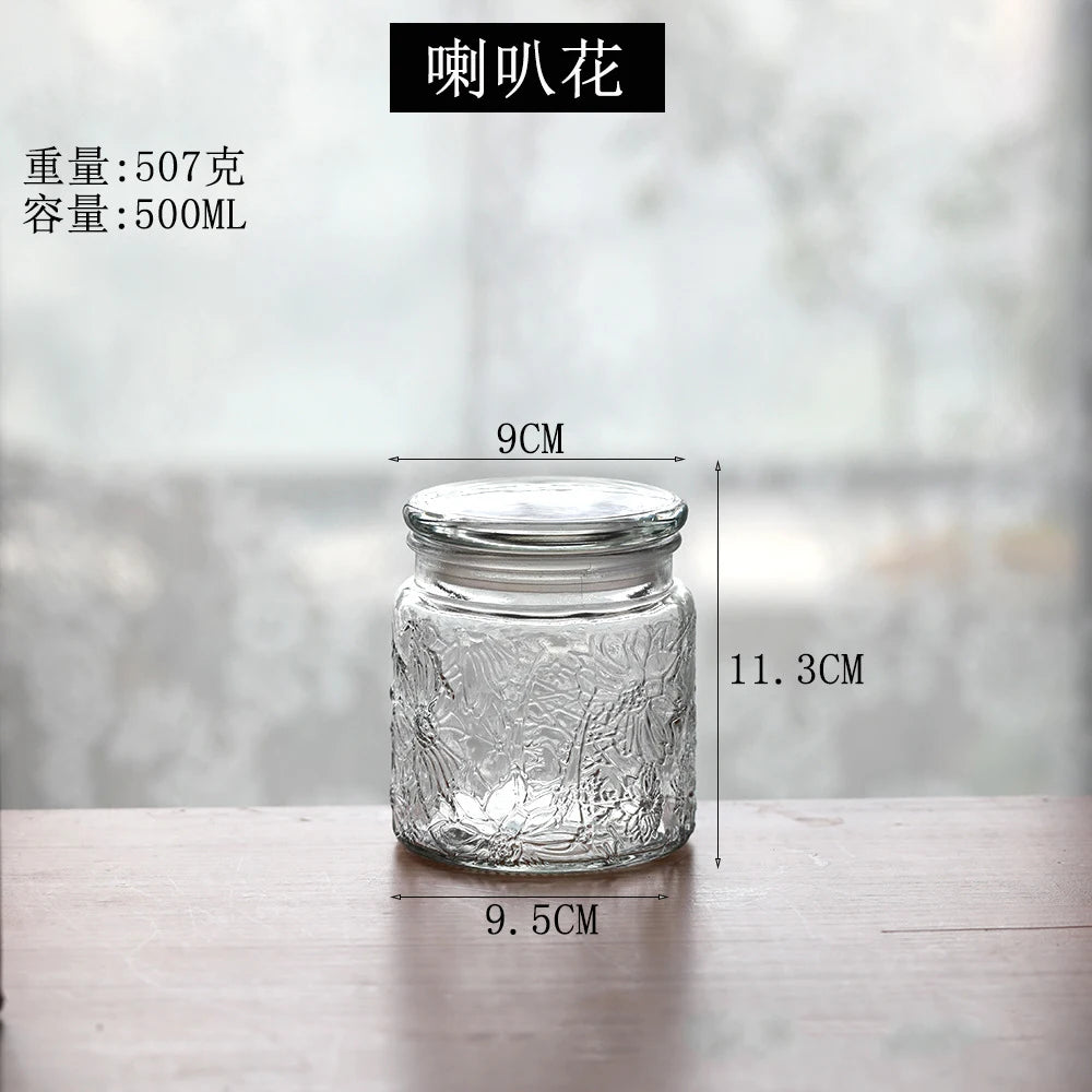 Retro Transparent Glass Sealed Jar Glass Lid Storage Jar Begonia Flower Glass Bottle Candy Storage Jar Kitchen Storage Supplies