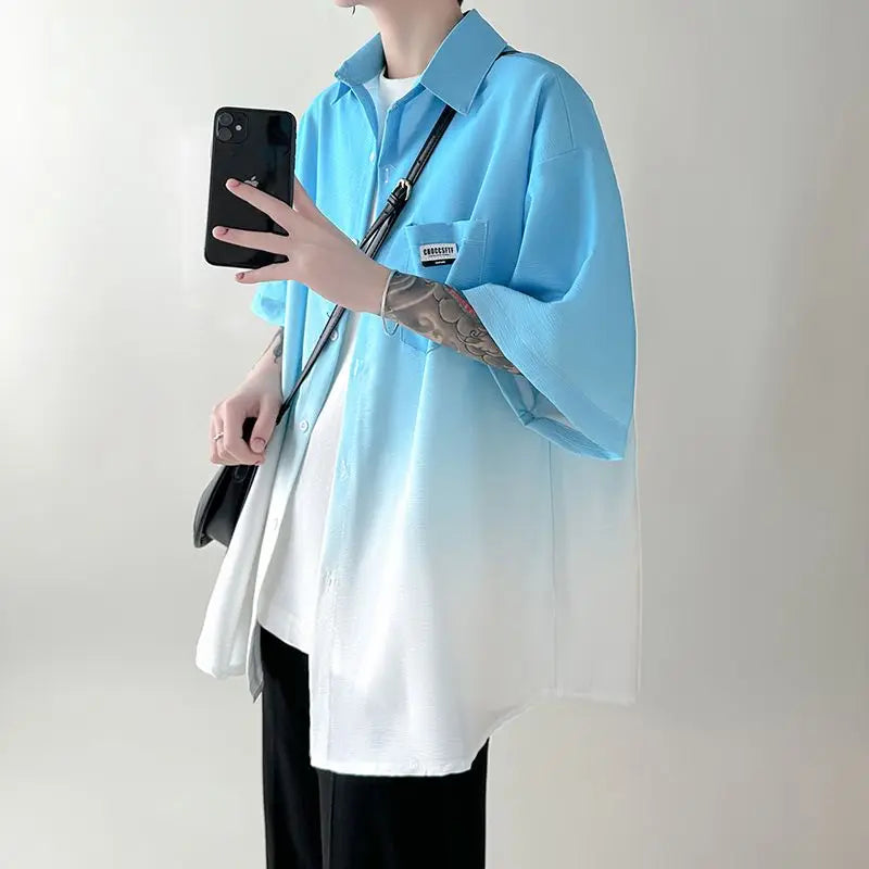 New Summer Tie-dyed Gradient Short-sleeved Shirt Men Loose Trendy Casual Five-part Cardigan