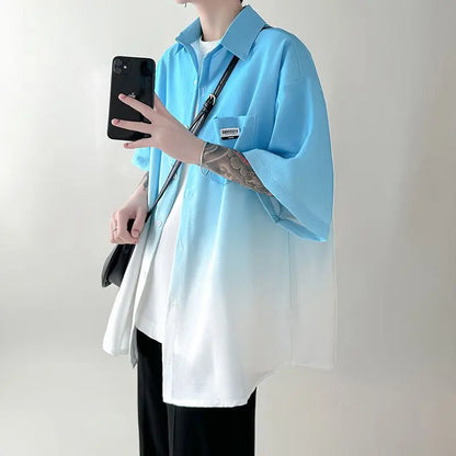 New Summer Tie-dyed Gradient Short-sleeved Shirt Men Loose Trendy Casual Five-part Cardigan