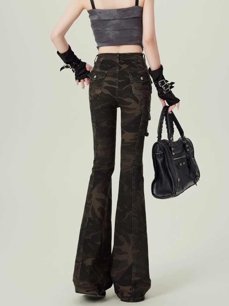 High Waist Jean Women Camouflage Cargo Style Skinny American Streetwear Aesthetic 2000s Y2k Jeans Flare Trousers Designed Chic