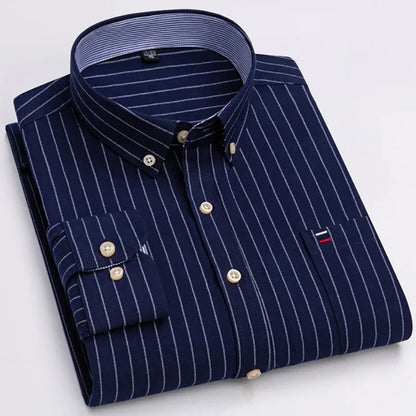 Men's Long Sleeve Oxford Dress Shirt 100% Cotton Plaid Checkered Chest Pocket Button Down Collar Casual Shirts