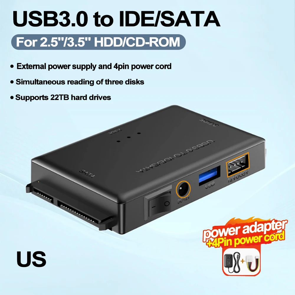3-in-1 External Hard Drives Reader USB 3.0 to SATA/IDE Adapter for 2.5-inch and 3.5-inch HDD/SSD with 12V/2A Power Supply