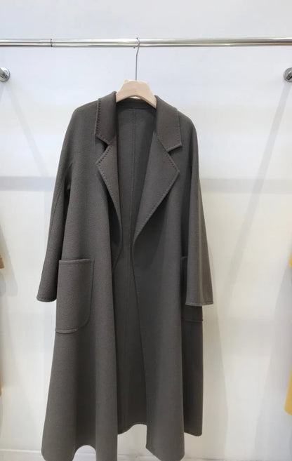 2023 Korean Women Handmade Corrugated Water Ripples Coat Double-sided Cashmere Wool Long Woolen Jacket Cashmere Coat Outerwear
