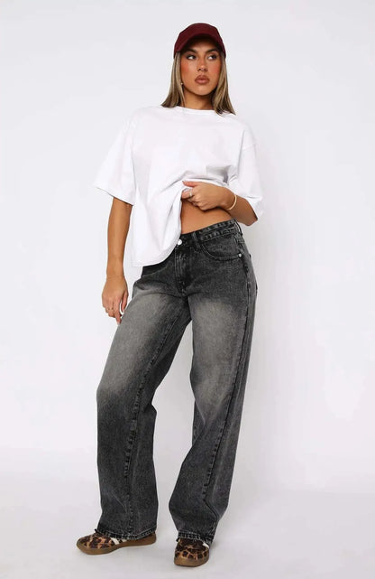 High Waist Wide Leg Denim Jeans Women's Loose Splicing Long Pants Street Style Vintage Washed Loose Jeans Fashionable Women's Cl