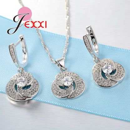 Charm Fine Elegant 925 Sterling Silver Crystal Necklace Earring Wedding Bridal Jewelry Sets For Women