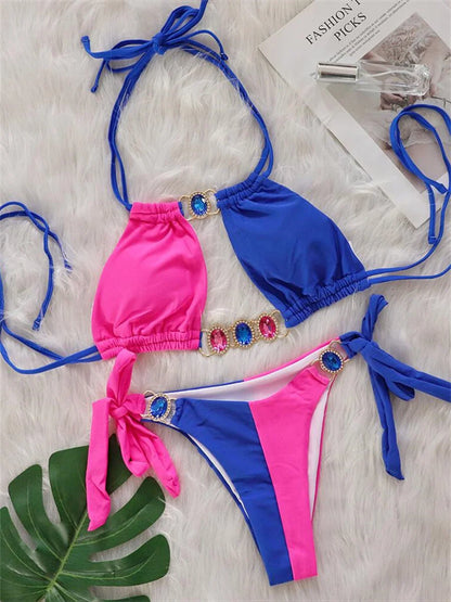 Luxury Rhinestones Splicing Bikini Set Women Halter Patchwork Cut Out Push Up Diamond Swimsuit 2024 Bathing Suit Thong Swimwear