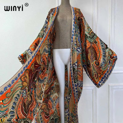 WINYI Classic bohemian beach cover up Swim Suit elegant African women boho Cardigan sexy Holiday long Sleeve Kimono beach dress