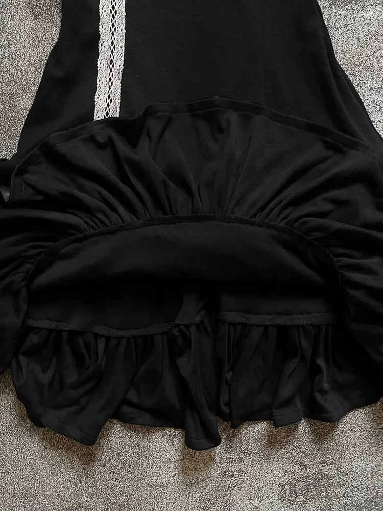 Y2K Japanese E-girl Gothic Vintage Half High Neck Short Sleeved Bow Lace Dress Cinched Waist Cool Girl Black Streetwear Dress