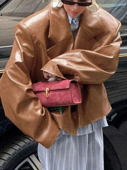 Aoaiiys Brown Jackets Women PU Leather Elegant Notched Collar Coat Buttons Long Sleeve Fashion Chic Outerwear Autumn Winter New