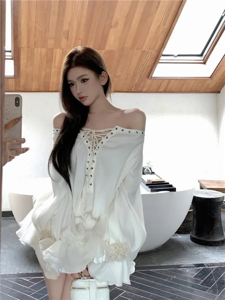 New Fall Sexy Slash Neck Red Super Mini Dress Women Lace Up Straps Short Shirt Fashion Flare Sleeve Ballet Off Shoulder Blouse