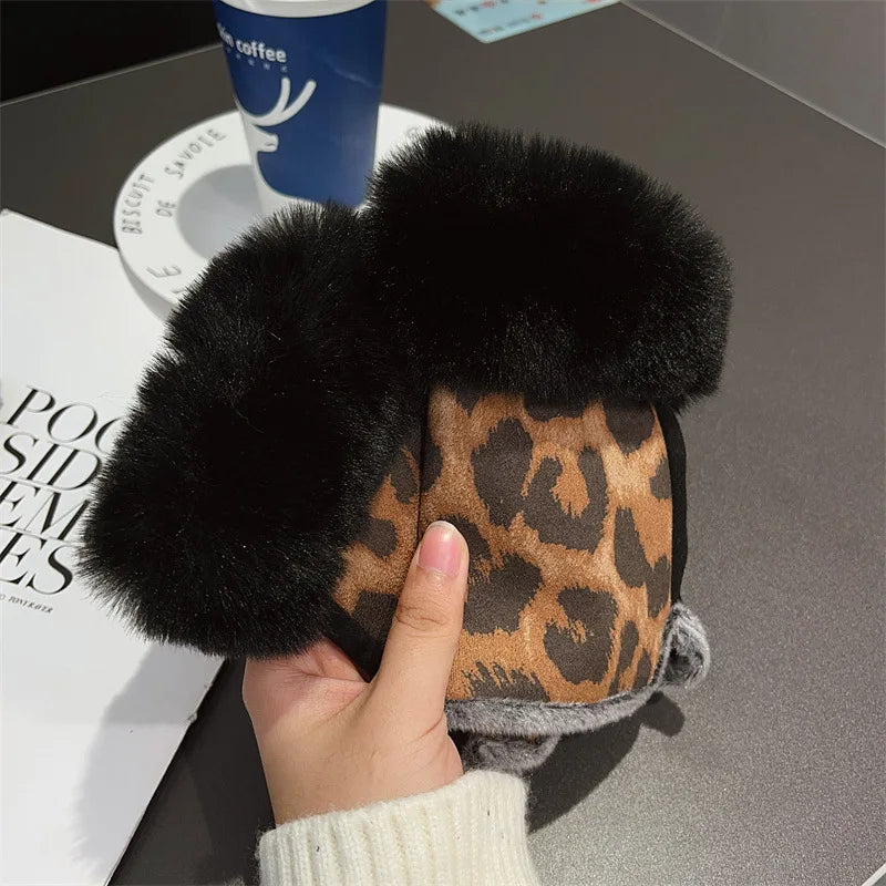 Winter Korean version half -finger leopard gloves suede iconic fur gloves, students with velvet fur, warm gloves wholesale