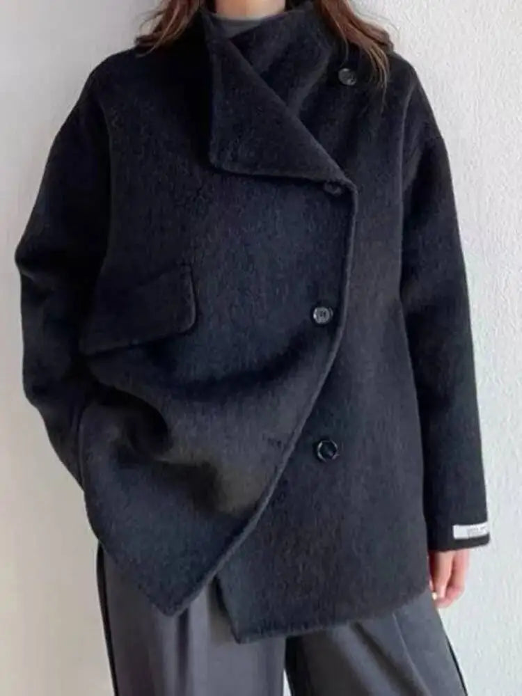 [LANMREM] Fashion Solid Color Loose Wool Coat For Women Turn Down Collar Single Breasted Coats 2025 Winter New Tide 26DA1533