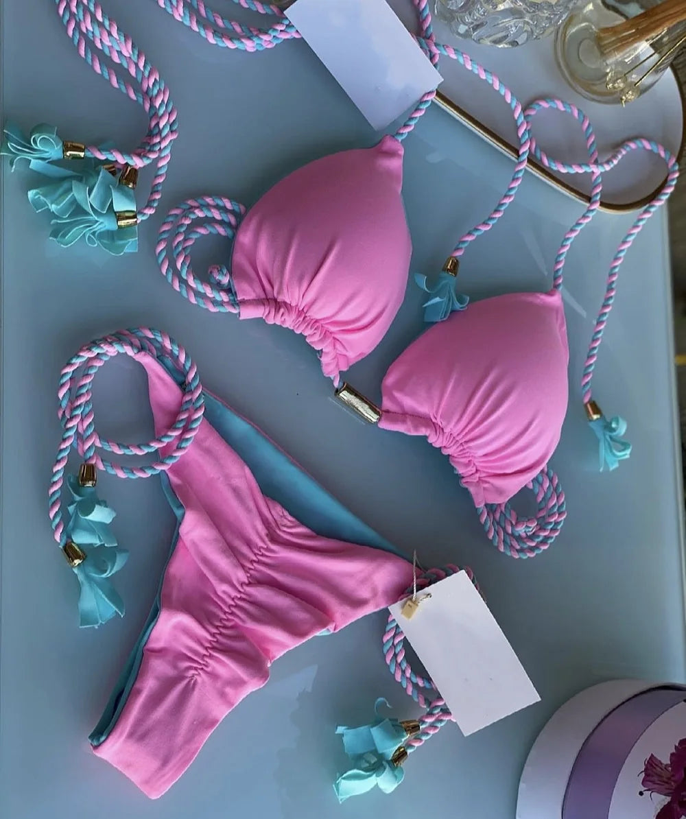 New Women Bikini Backless Rope Triangle Swimsuit Multicolor