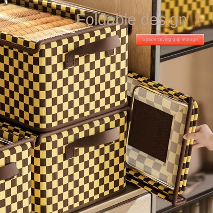 Checkered Fabric Clothing Storage Box - Galvanized Steel Frame - Breathable, Moisture-Proof, Foldable, Home Organizer - With Lid