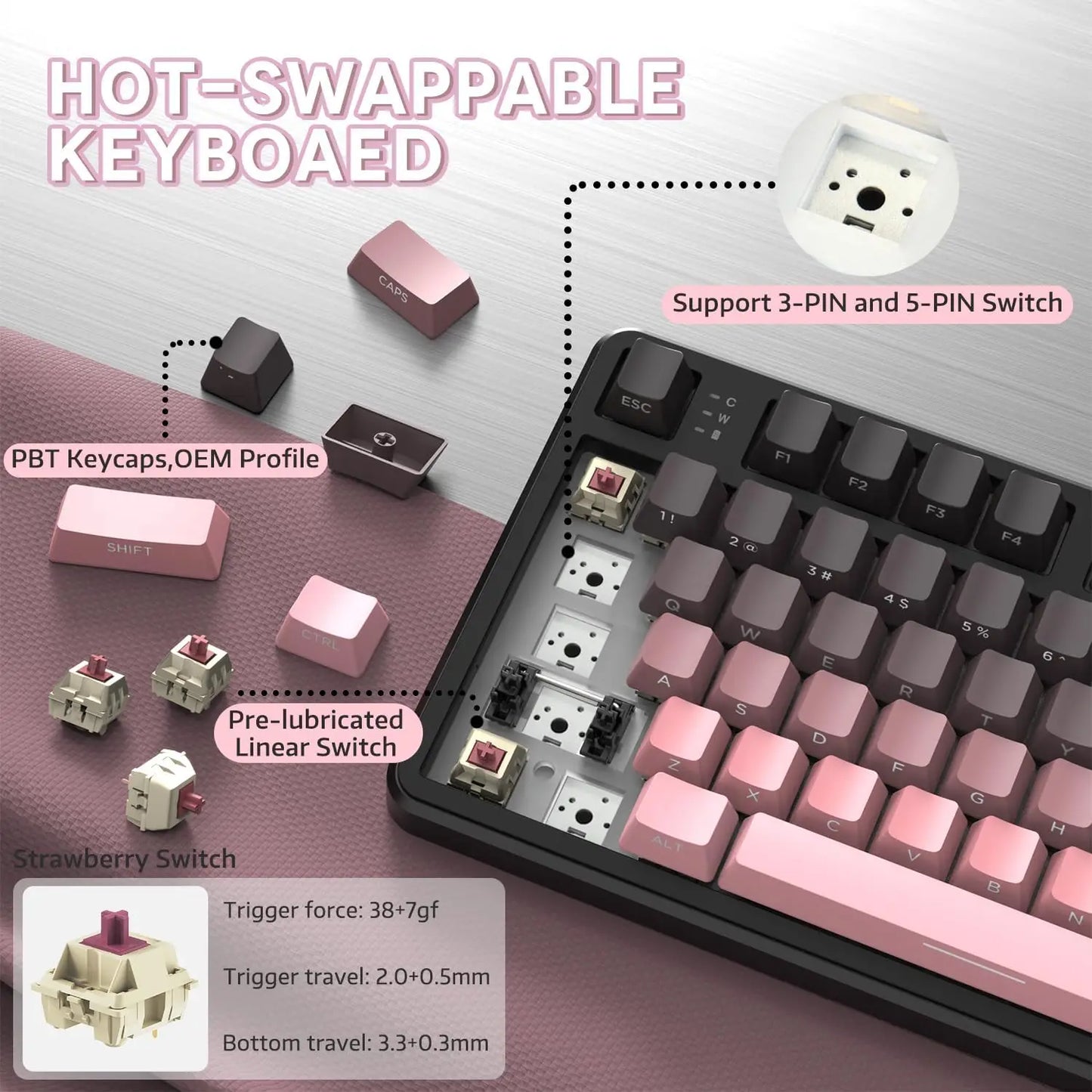 Attack Shark X87 Wireless Mechanical Keyboard, Hot Swappable Gasket Gaming Keyboard RGB Backlit Gaming Keyboard,BT/2.4GHz/USB-C