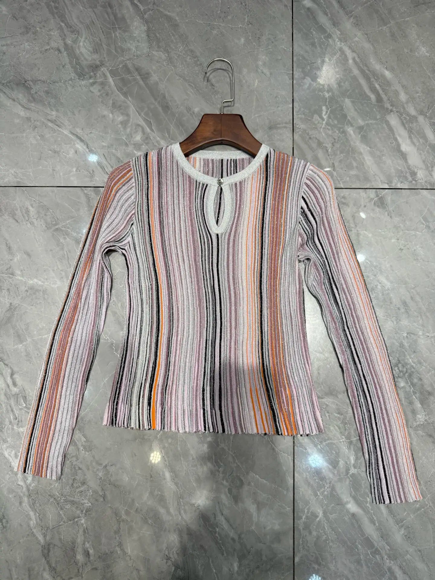 Women Metallic Sequined Striped Long Sleeve Knit Top+ Elastic Waist Long Skirts Sets
