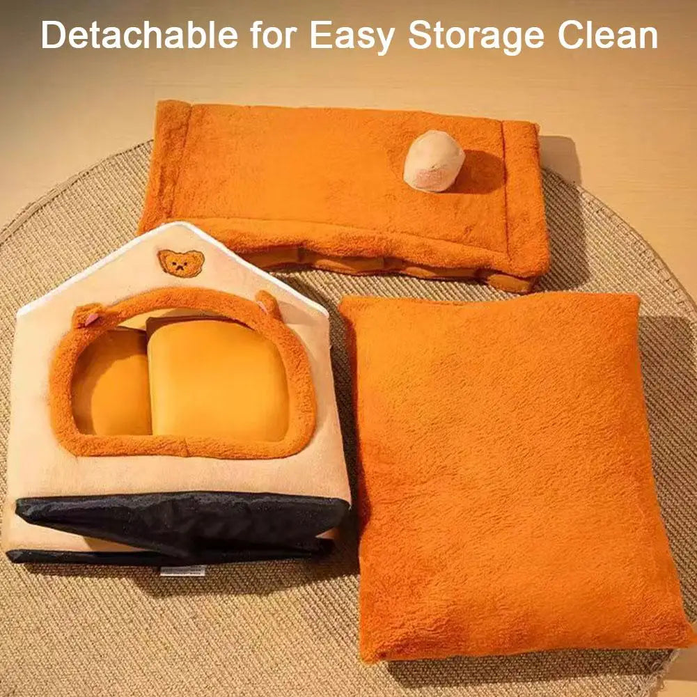 4-Season Universal Pet Bed House, Removable & Washable Plush Warm Dog Cat Cave, Cozy Enclosed Kennel Nest for Small & Medium Dog