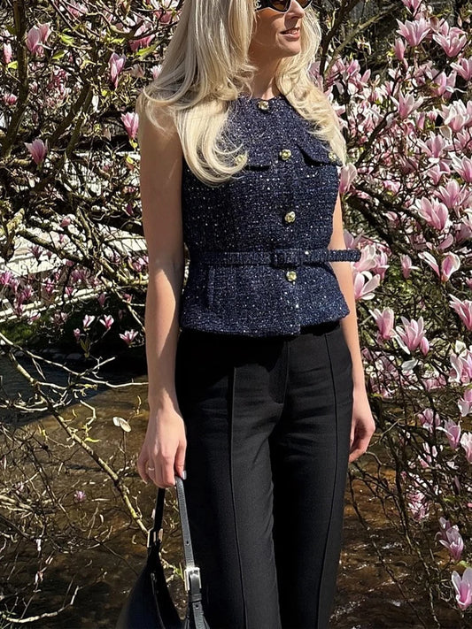 HH 2025 Elegant Women's Texture Belt Waistcoat Summer O-Neck Sleeveless Buttons Vest Jacket Female Slim Commuter Vest Tops