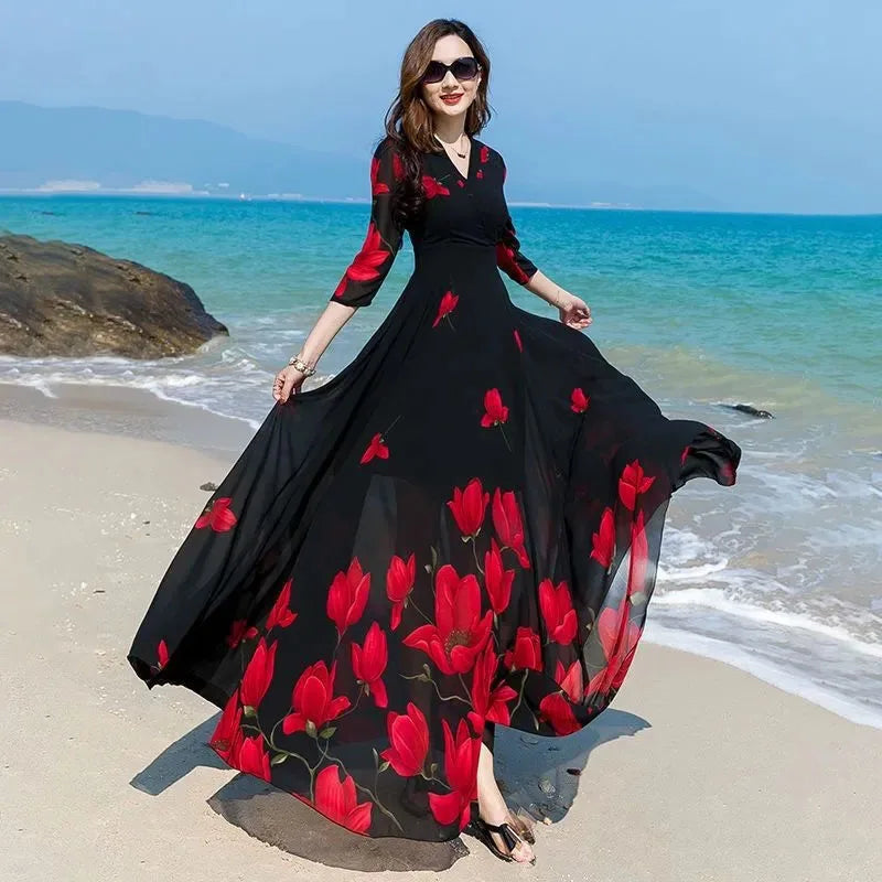 2025 Summer New Korean V-Neck Printed Chiffon Dress Women's Slim Oversize 4XL Long Sleeve Large Swing Slim Beach Long Dresses
