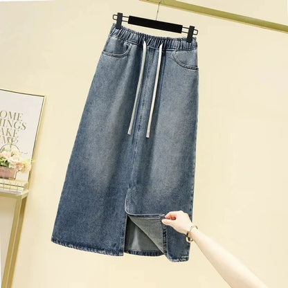Spring/Summer 2026New Lady Drawstring Elastic Waist Split Denim Skirt High Waist Slim Retro Denim Casual A-Line Skirts Female