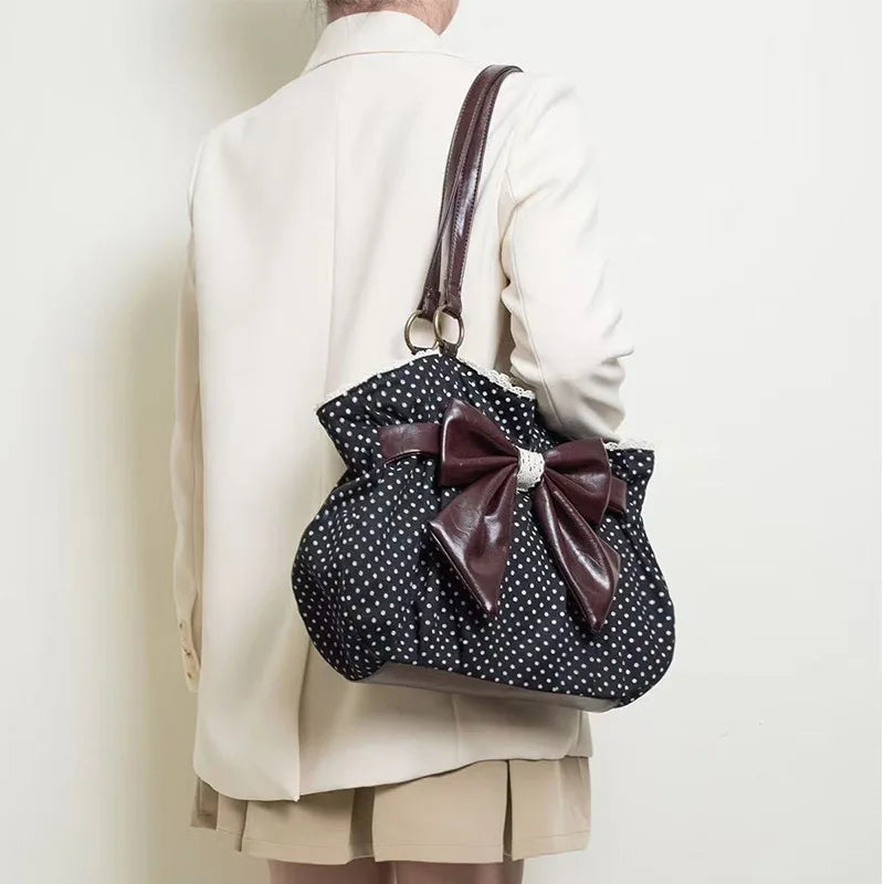 Chic Polka Dot Tote Bag Casual Commuting Vintage Women Handbags Shoulder Bag Versatile Large Capacity Dot Design Bow Sweet Bag