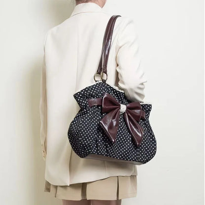 Chic Polka Dot Tote Bag Casual Commuting Vintage Women Handbags Shoulder Bag Versatile Large Capacity Dot Design Bow Sweet Bag