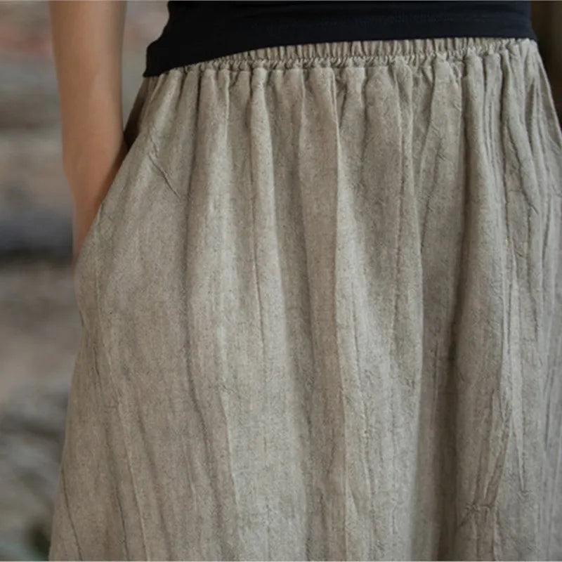Johnature Women Ramie Tie-dye Skirts Elastic Waist Pockets Vintage Autumn Clothes 2025 New Women A-Line Skirts