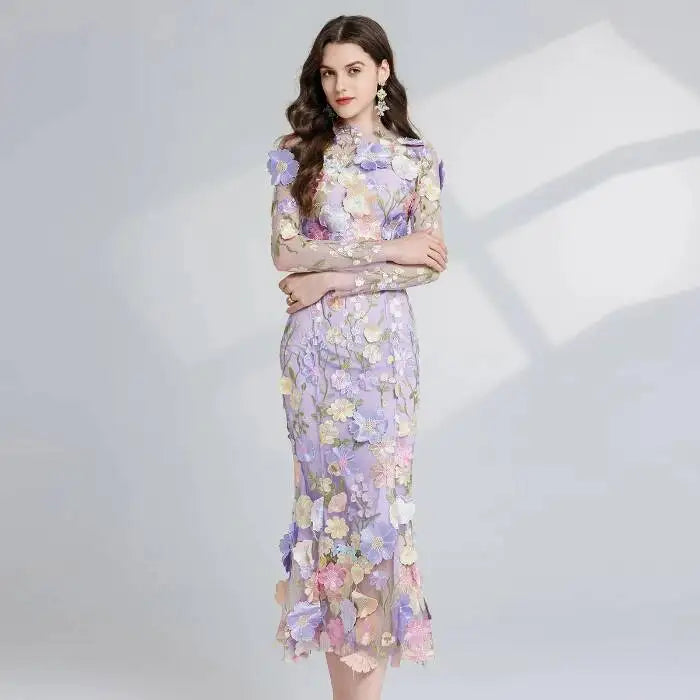 Designer Summer Autumn Flower Embroidery Lace Prom Evening Dress Women Mesh Tulle Bodycon Pencil Long Sleeve Midi Dresses Party