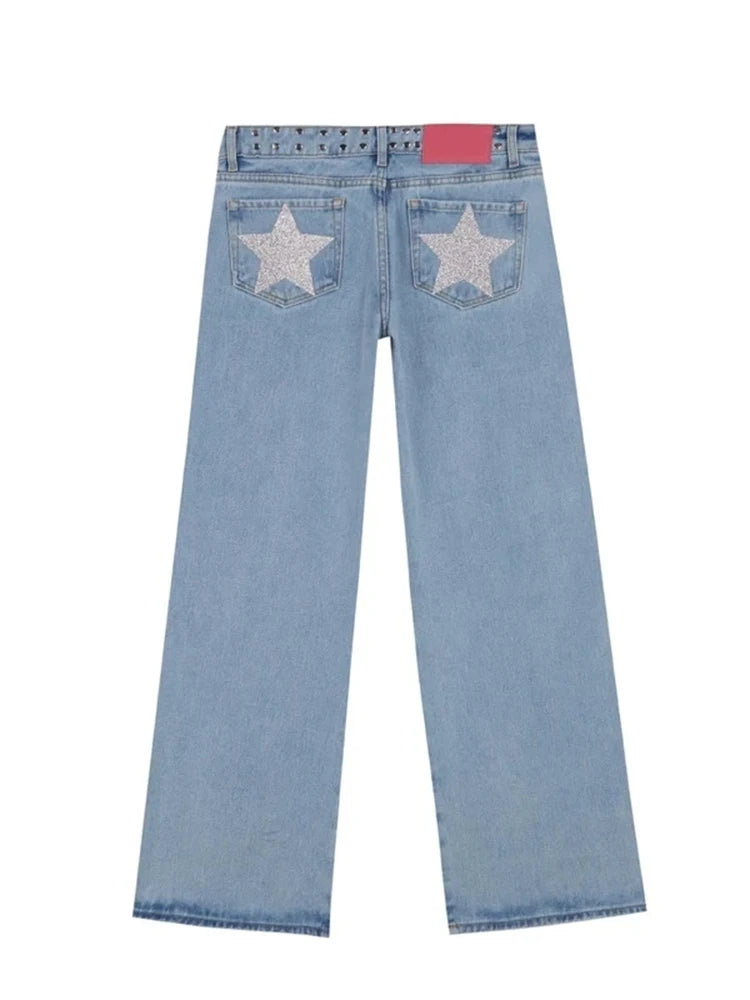 Y2K Vintage Jeans Women High Waisted Denim Pants Five Pointed Star Print Harajuku Street Baggy Casual Straight Leg Trousers