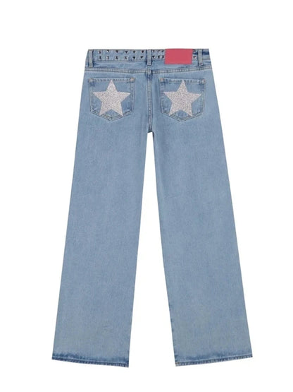 Y2K Vintage Jeans Women High Waisted Denim Pants Five Pointed Star Print Harajuku Street Baggy Casual Straight Leg Trousers