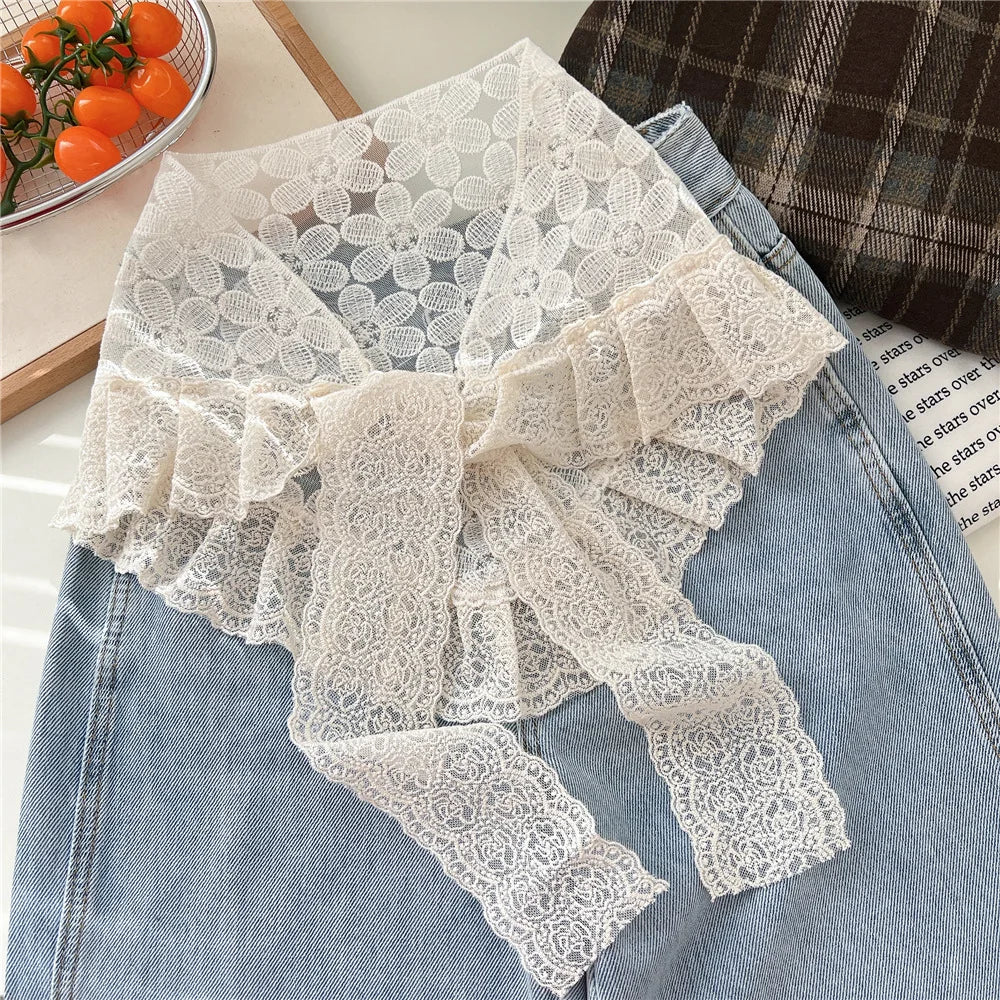 INS Y2K Stylish Lace Embroidery Layered Triangular Types Jeans Pant Matching Half Skirts Fart Curtains All-Match Stacked Skirt