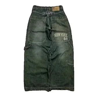 Europe and The United States Diablo Cropped Jeans Women New High Street in Summer To Do Old Creases Patch Wide Leg Pants Unisex
