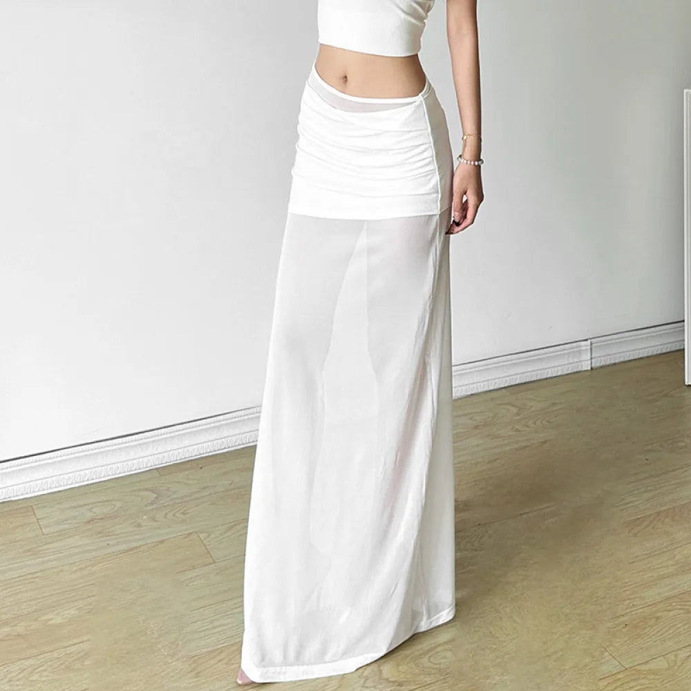 Sylcue Mesh Patchwork Long Skirts Women 2025 New Trend Ruched Elastic Waist Street Fashion Versatile Y2K Style Elegant Bottoms
