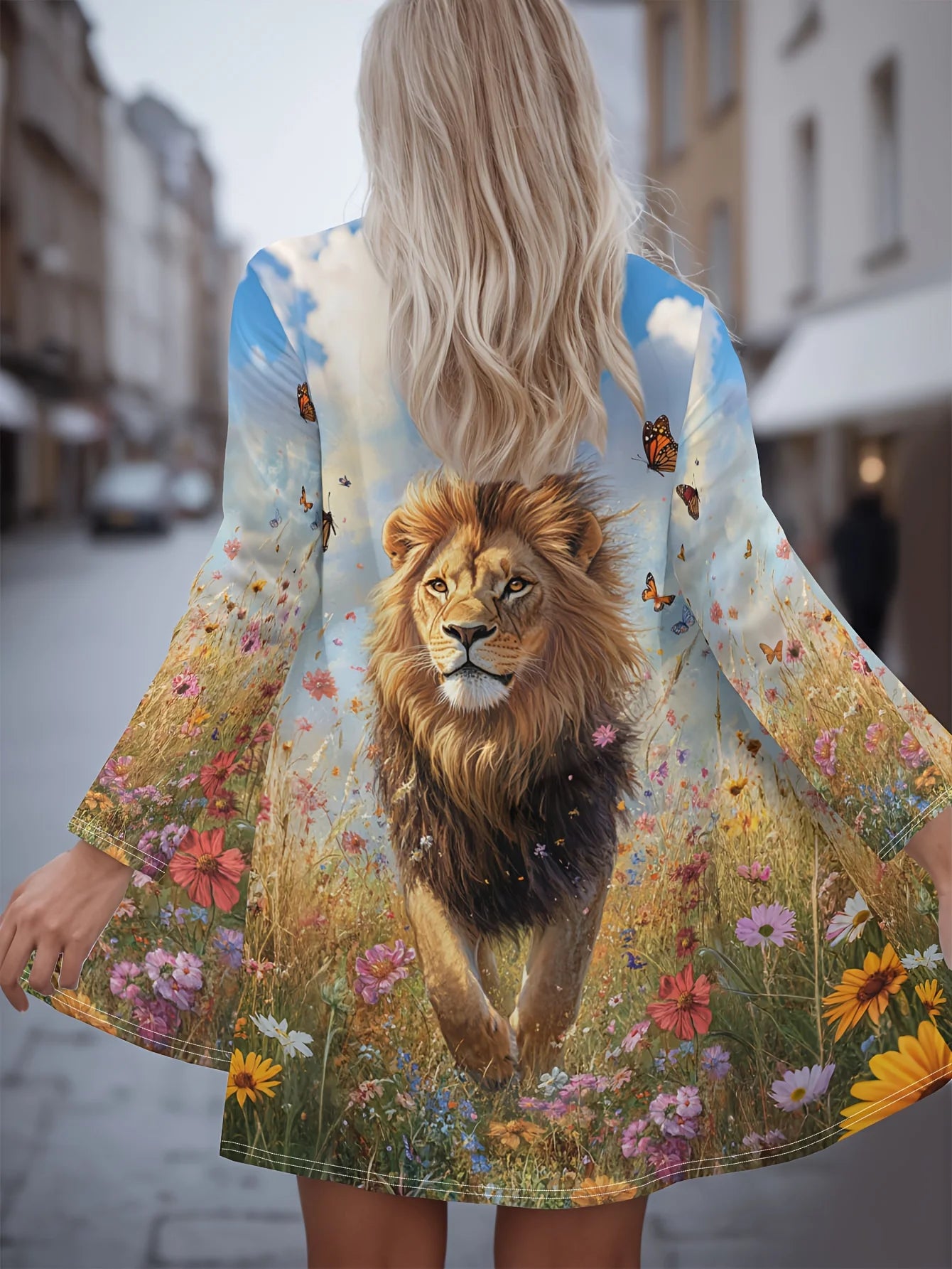 Women's Winter Jacket with 3D Tiger and Lion Animal Prints, Front-Opening Loose Fit Cape, Casual Polyester Women's Clothing