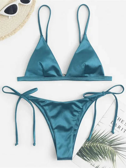 6 Colors Satin High Leg Cut Brazilian Bikini Women Swimwear Female Swimsuit Two-pieces Bikini set Bather Bathing Suit Swim K4964