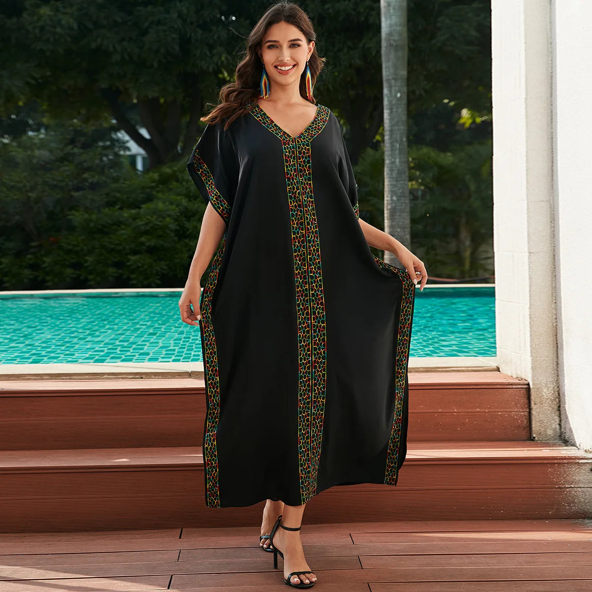 Embroidery Beach Kaftan Dress for Women Short Sleeve Bikini Swimsuit Cover Up