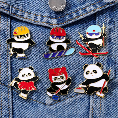 6 Styles Funny Winter Sports Panda Design Enamel Brooches Cartoon Animal Playing Skiing Fancy Speed Skating Curling Golden Pins
