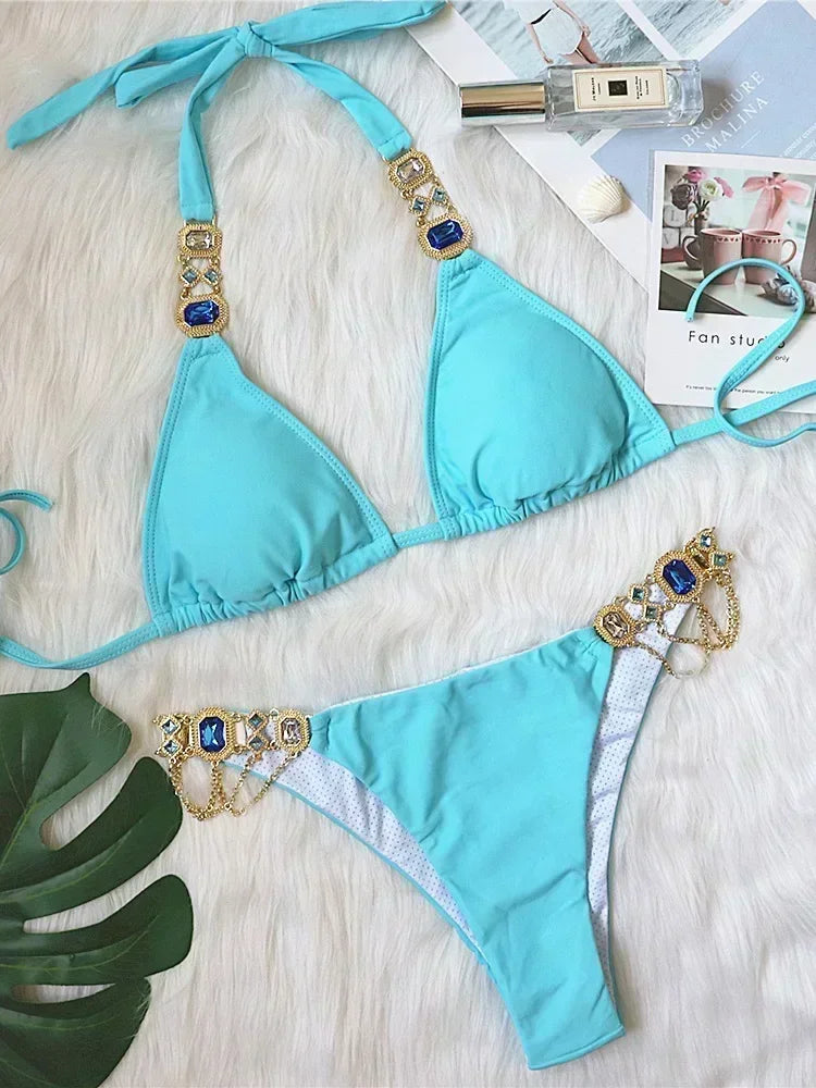 Halter Crystal Rhinestone Diamond Bikini 2025 Female Swimsuit Women Swimwear Two Pieces Bikini set Brazilian Bathing Suit Swim