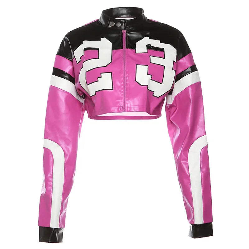 CM.YAYA Women Fashion Letter Printed Patchwork Zipper Fly Moto and Biker Style Faux Leather PU Jackets