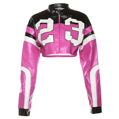 CM.YAYA Women Fashion Letter Printed Patchwork Zipper Fly Moto and Biker Style Faux Leather PU Jackets