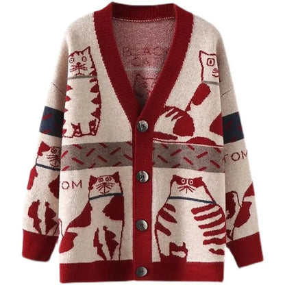 2023 Spring and Autumn New Cartoon Contrast Color Fashion Sweater Women's V-neck Knitted Cardigan Coat Trend