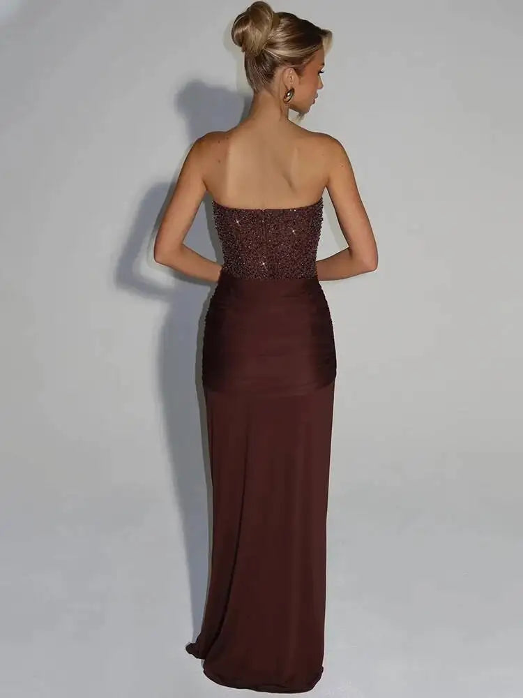 Mozision Sparkle Off-shoulder Sexy Maxi Dress Women Elegant Glitter Strapless Backless Sleeveless Draped Ruched Club Party Dress