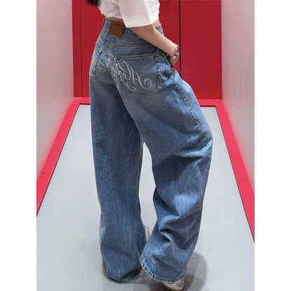Women's Harajuku Full Length Baggy Emo Denim Trouser 2025 Summer High Waist Y2K 2000s Blue Pants Casual Retro Loose Jeans